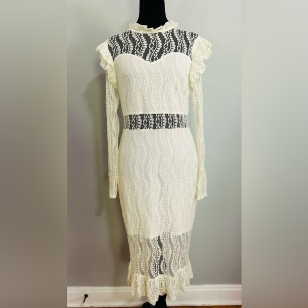 Lucy Wang Elegant Lace Ruffle Midi Dress Bridal Wedding Engagement Pictures L